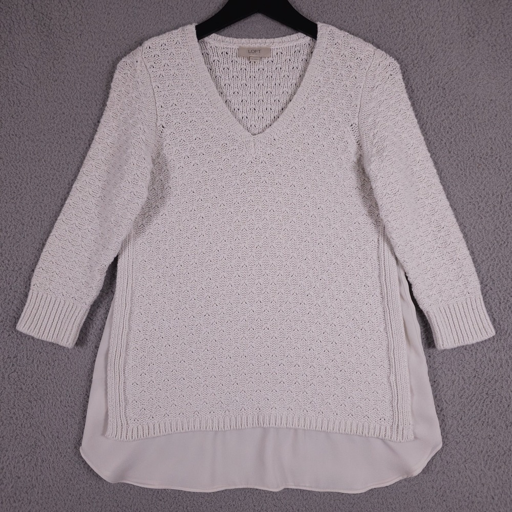 Ann Taylor LOFT Sweater Womens M White V Neck Knit Mixed Media Tunic Pullover